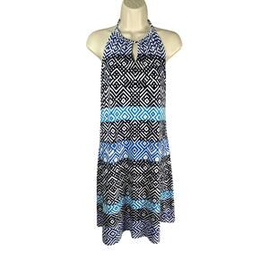 Tommy Bahama Dress Womens Medium Blue Geo Print Mayan Maze Halter Tassel